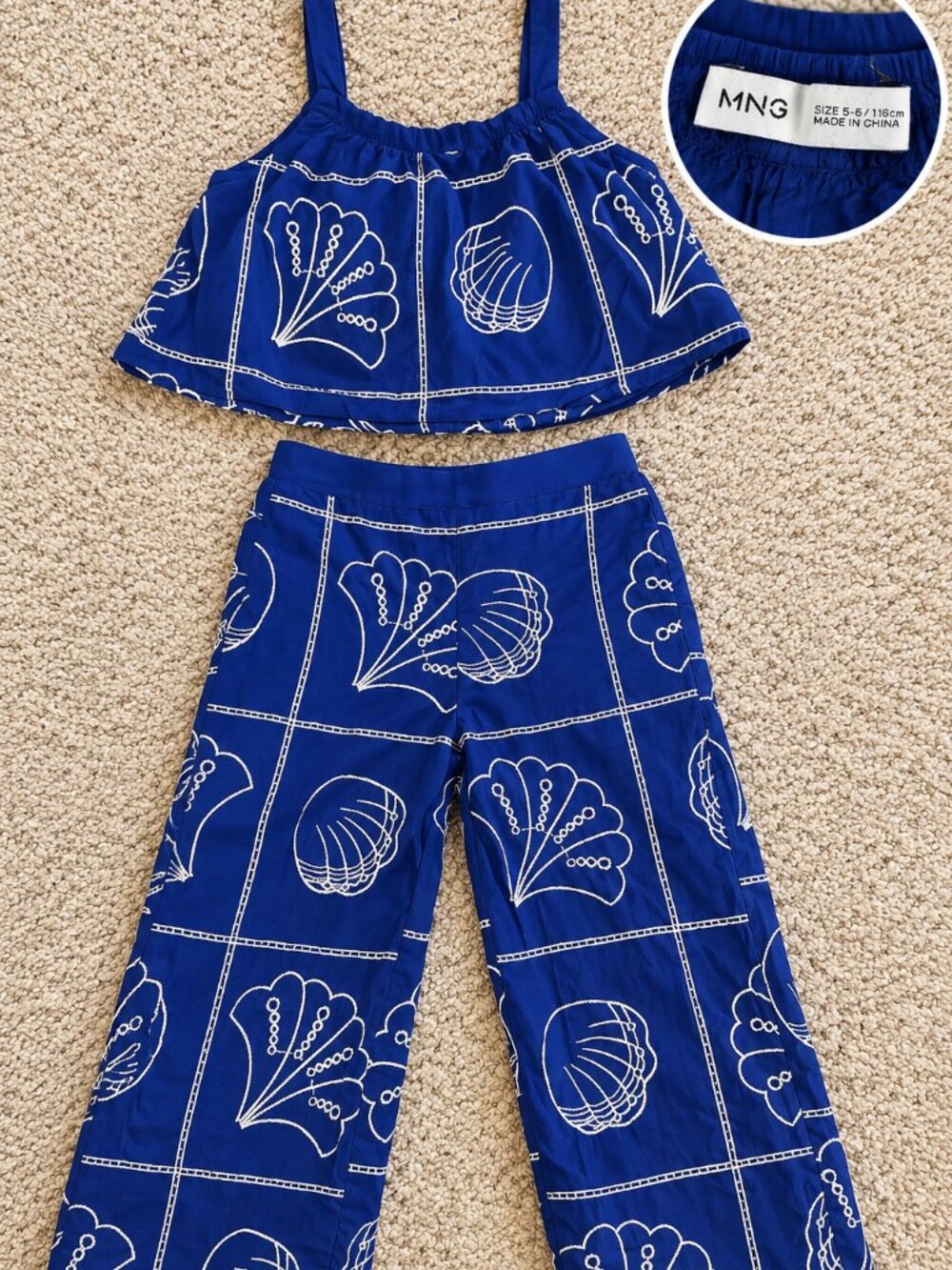Mango Girls Blue Seashell Print 2 Piece Crop Top & Wide Leg Pants Set Size 5-6